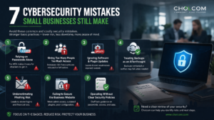 Cybersecurity mistakes that small businesses still make, including weak passwords, phishing risk, outdated software, and poor website securitymake